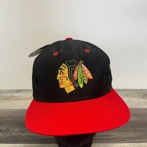 Vintage 90s Competitor Chicago Blackhawks Black Red Fits‎ All NHL Hockey Hat Cap